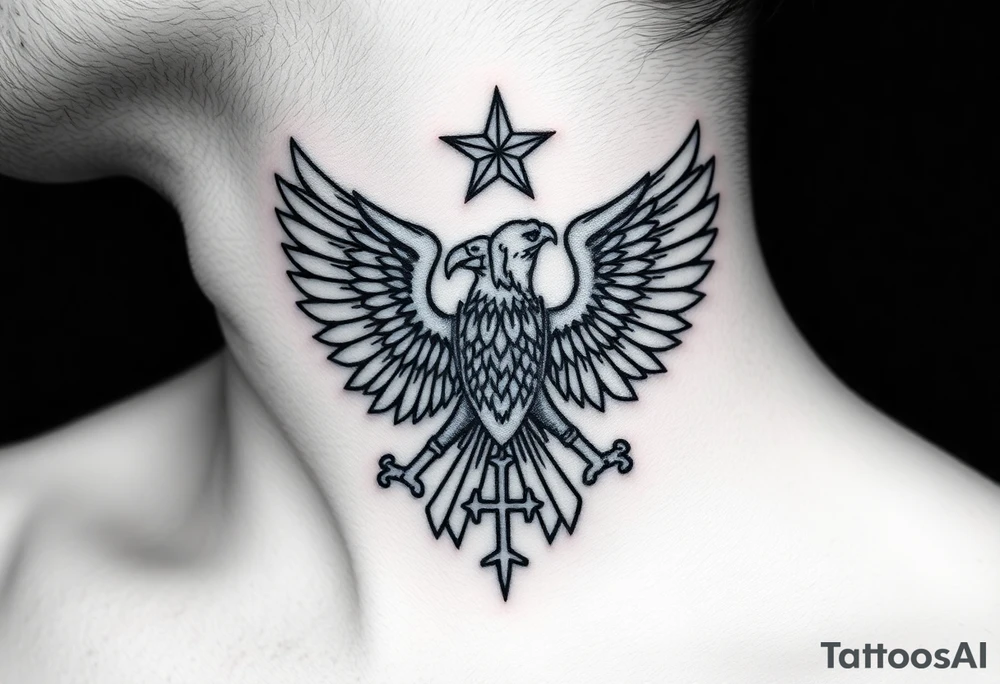 Double-headed eagle outline only (no shading) — suits neck skin which ages differently
Star above, small orthodox cross below tattoo idea