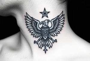 Double-headed eagle outline only (no shading) — suits neck skin which ages differently
Star above, small orthodox cross below tattoo idea