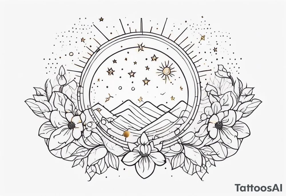 fine line with sun, stars, floral, dots. Sternum tattoo tattoo idea