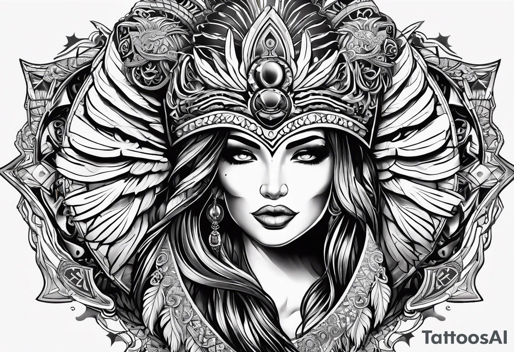 black kali, goddess pirate, alien, pachamama, valkrye, warrior, skull, lotus azul, wing, eagle, zenza resonance, stars, 5D tattoo idea