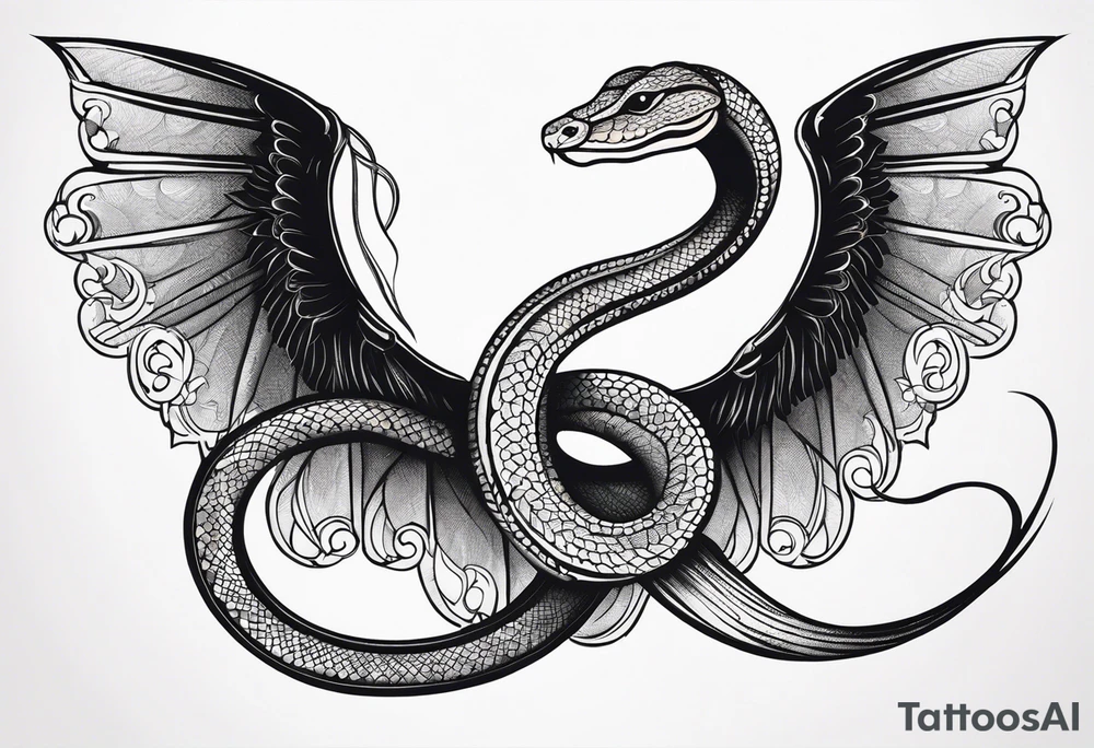 A detailed depiction of a snake with a radiant halo above its head and elegant wings extending from its sides. tattoo idea