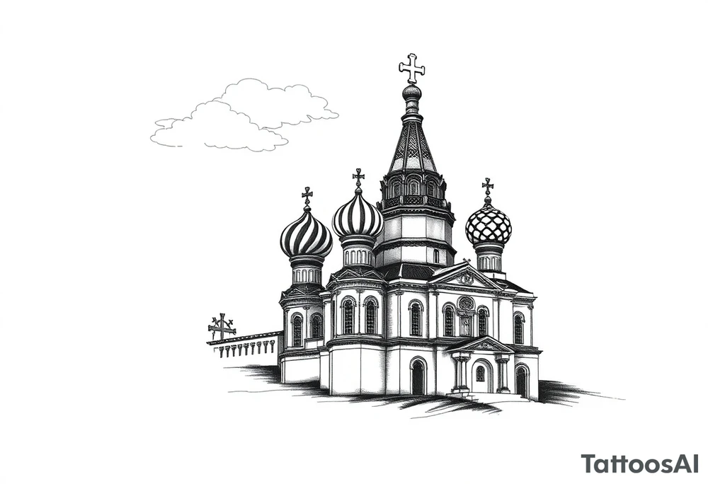 highly detailed Russian Orthodox cathedral with onion domes and orthodox crosses, done in fine line, engraving-like style. Cohesive composition, black ink only, no color, high contrast, slightly aged, documentary-style, plain light background. with clouds above it and a virgin mary over looking tattoo idea