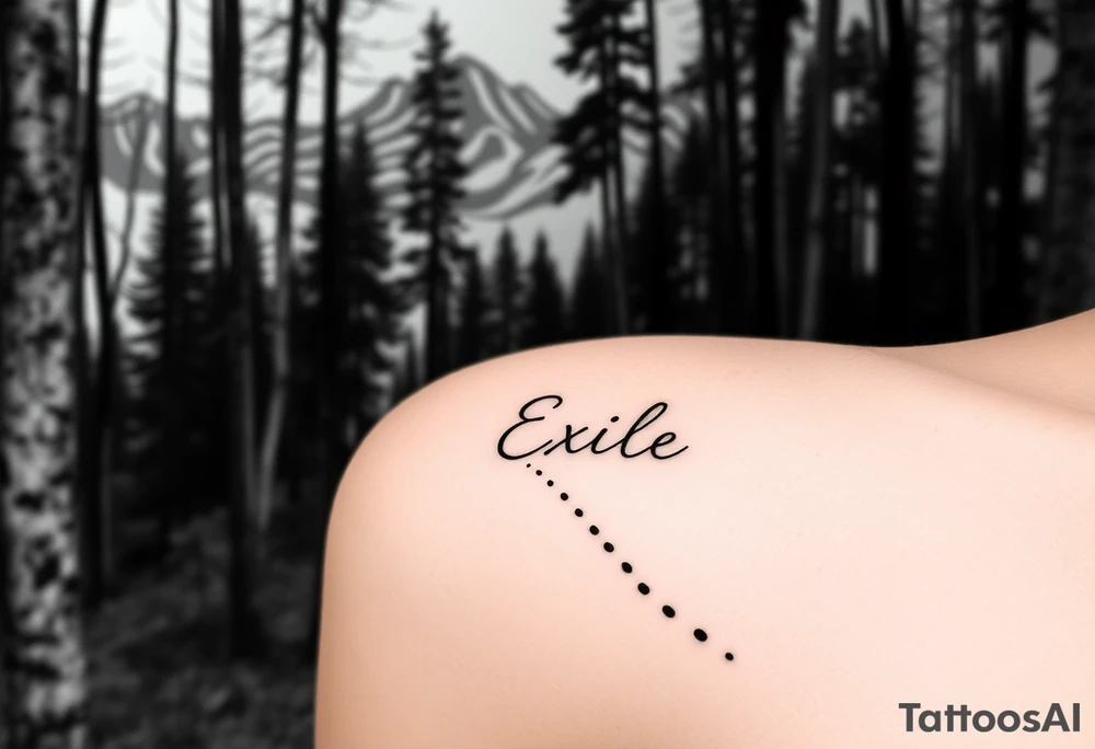 A path in the woods with mountains in the background, the word "Exile" blended in the drawing. The path should be subtle and the tattoo should be fine line tattoo idea