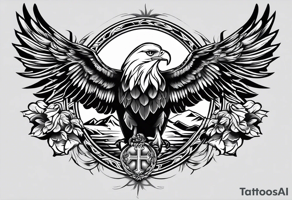 A tattoo that states catholic religion, pain and discipline to achieve your goals in life. it should be placed on the upper back. symbol of an eagle, fish, pigeon tattoo idea