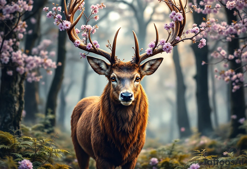A majestic deer standing in a serene forest, its antlers gracefully stretching outward, adorned with delicate branches and small, blooming flowers in shades of lavender and soft pink. The deer’s fur is a rich chestnut brown with subtle highlights of caramel and cream, giving it a lifelike texture. Its eyes are deep and soulful, shaded in warm amber tones. Around its feet, gentle green ferns and soft moss create a peaceful, natural atmosphere. tattoo idea