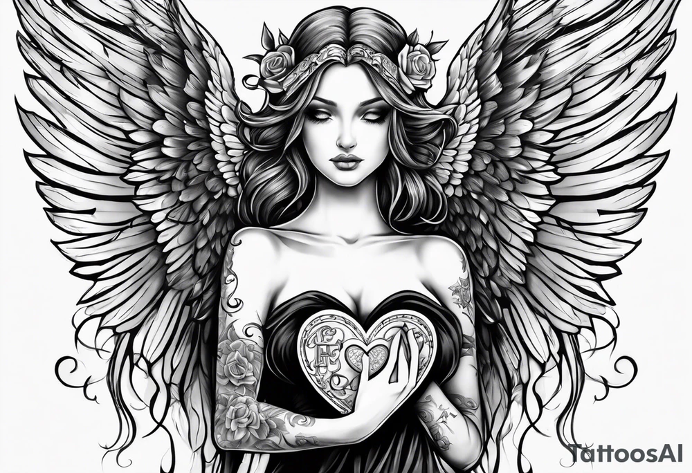 Tattoo drawing in black and grey of an angel holding a heart in both her arms, name Leah is written in gothic letters. tattoo idea