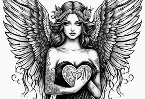 Tattoo drawing in black and grey of an angel holding a heart in both her arms, name Leah is written in gothic letters. tattoo idea