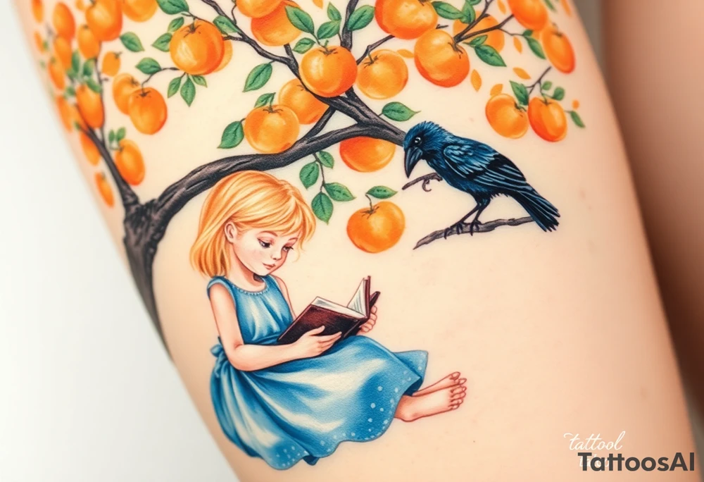 A blond little girl wearing a blue dress sitting under a orange tree while reading a book.a raven on top of a tree branch watching her. 


. tattoo idea