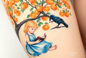 A blond little girl wearing a blue dress sitting under a orange tree while reading a book.a raven on top of a tree branch watching her. 


. tattoo idea