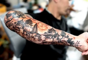 Stupas or Pagodas – Sacred Buddhist monuments with layered towers, typically done in detailed black ink or traditional brown stone tones. tattoo idea