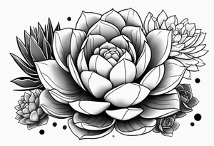 fine line. one big succulent in the middle. Two smaller succulents on each side. Dots and floral
. Sternum tattoo grey scale shading tattoo idea