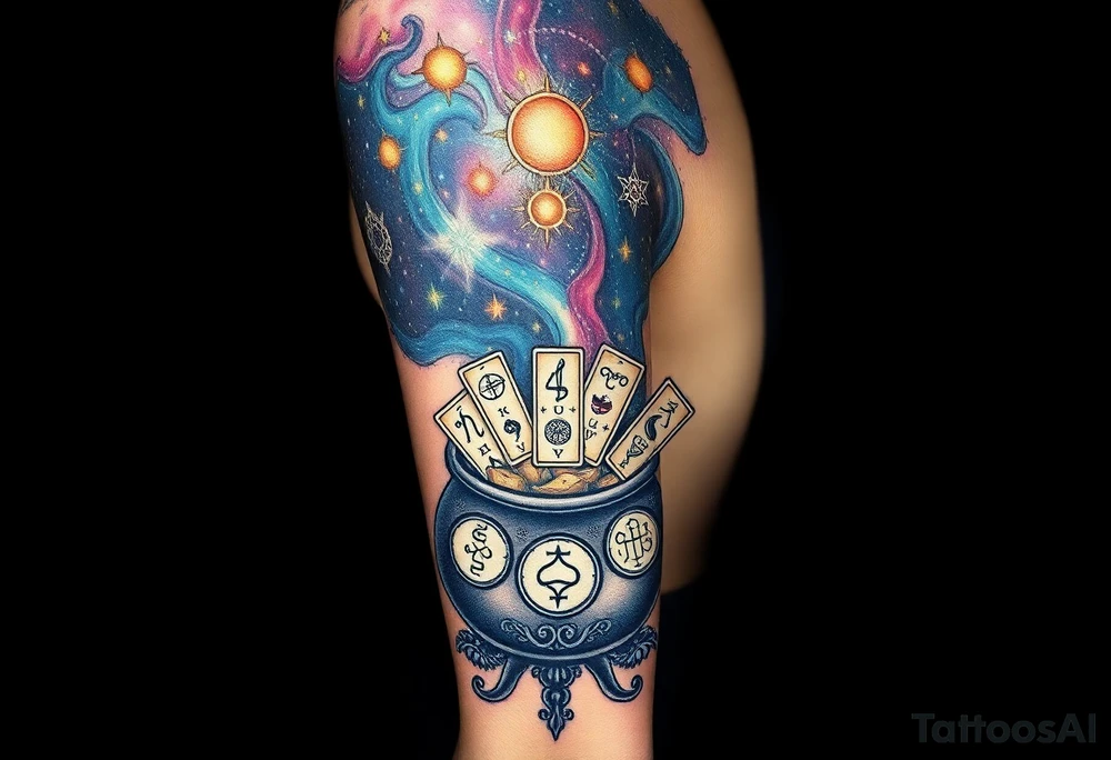 Milky way galaxy filled with zodiac symbols runes tarot cards coming out of a cauldron tattoo idea