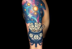 Milky way galaxy filled with zodiac symbols runes tarot cards coming out of a cauldron tattoo idea