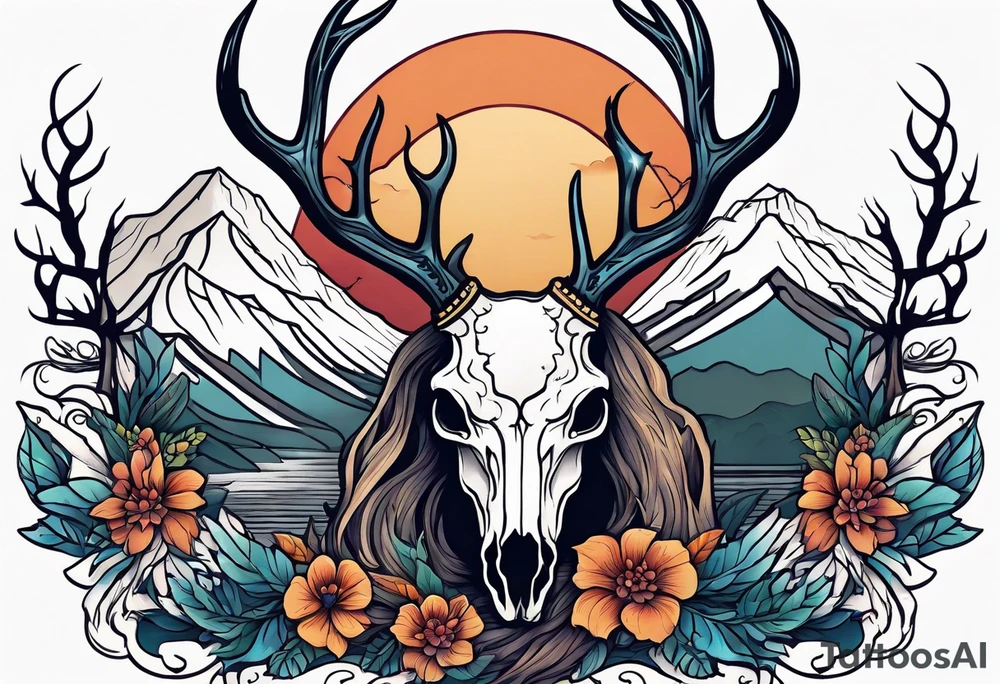 deer skull mountain trees tattoo idea