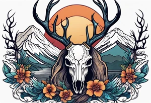 deer skull mountain trees tattoo idea