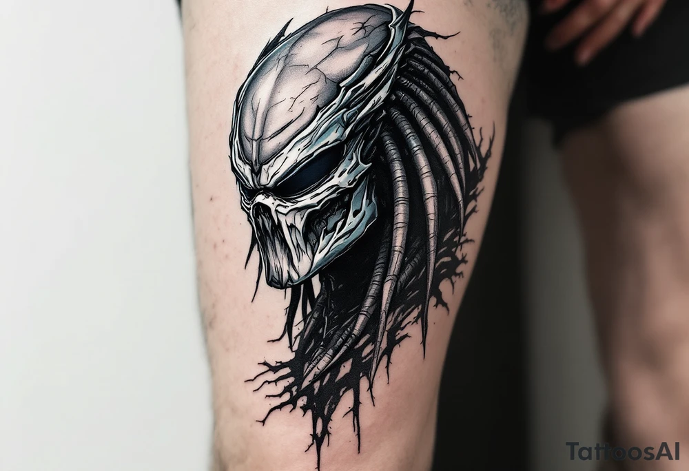 Ghost Predator – A stealth-based hunter with muted gray-blue camouflage skin, almost no armor, and a skull-like bio-mask designed to terrify prey. Uses silent weapons instead of plasma-based technology. tattoo idea