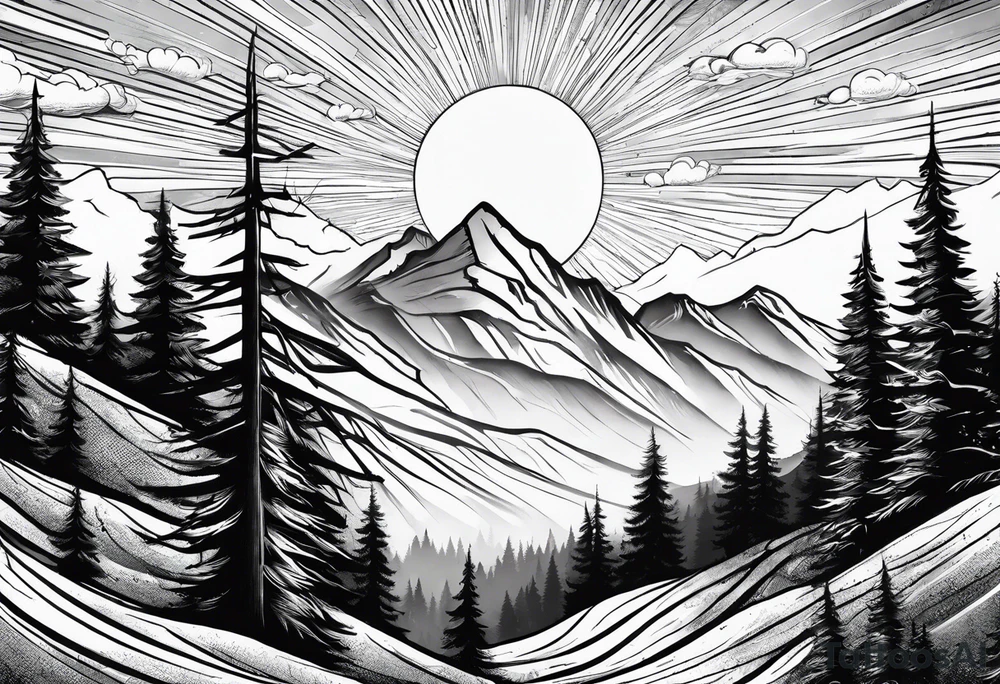 large trees on the side of mountain with mountains and sun skier coming down mountain tattoo idea