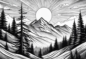 large trees on the side of mountain with mountains and sun skier coming down mountain tattoo idea