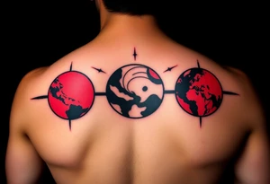 three horizontal planets. Color Black and red with more black tattoo idea