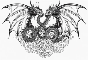 Mother dragon wings spread with 3 baby dragons tattoo idea