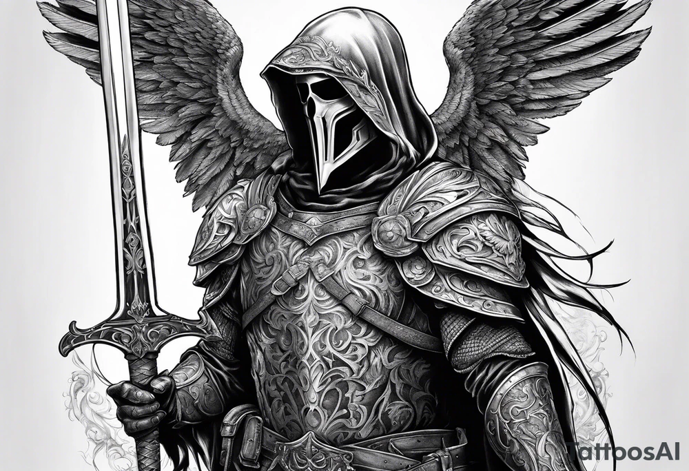 realistic full body of man angel of death, without face, with armour, holding sword in right hand tattoo idea