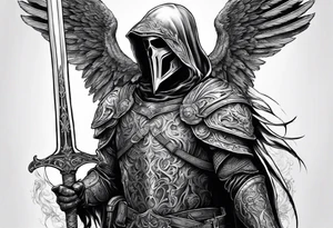 realistic full body of man angel of death, without face, with armour, holding sword in right hand tattoo idea