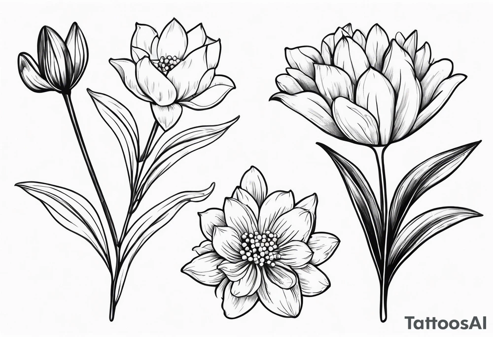Lily of the valley. Marigold, chrysanthemum, and lily for thigh tattoo vertically tattoo idea