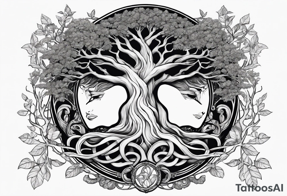 The deity Pan is entwined in a tree which is a portal tattoo idea