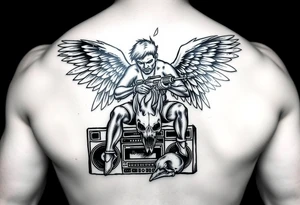 gangster angel sitting on a stereo, holding an AK47, watching a huge flame burning a skull of a rabbit and chicken. tattoo idea