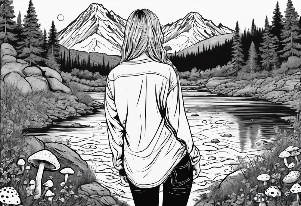 Whole picture encircled fully

Straight long blonde hair hippie girl in distance holding mushrooms in hand facing away toward mountains and creek surrounded by mushrooms long sleeve shirt and hiking pants; whole rendering within a full circle, no cut off circle tattoo idea