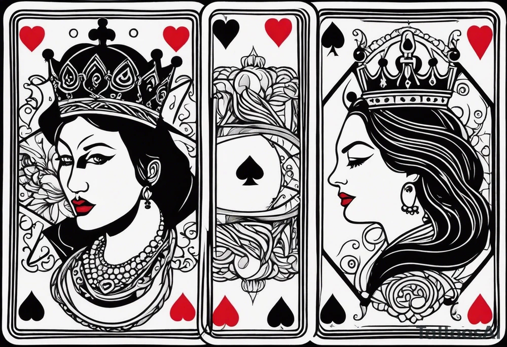 one playing card with both queen of hearts and king of spades incorporated in extreme minimalistic style tattoo idea