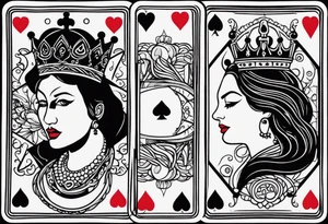 one playing card with both queen of hearts and king of spades incorporated in extreme minimalistic  style tattoo idea