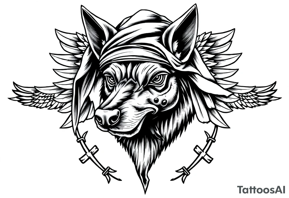 Egyptian Anubis god face muscle in Egypt style  with scarf on head

dog face surrounded Egyptian symbols based on elements tattoo idea