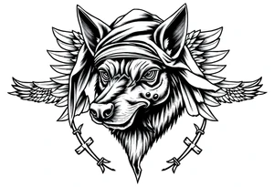 Egyptian Anubis god face muscle in Egypt style  with scarf on head

dog face surrounded Egyptian symbols based on elements tattoo idea