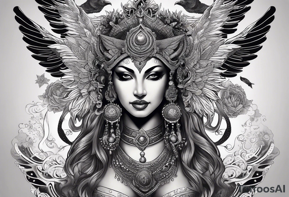 black kali, goddess pirate, alien, angel, pachamama, valkrye, warrior, flying, skull, lotus azul, wing, eagle, zenza resonance, stars, 5D, anahata chakra, death, durga, riding on a tiger, flying lady, kundalini, chest tatoo, samuri, rebel, serpent tattoo idea