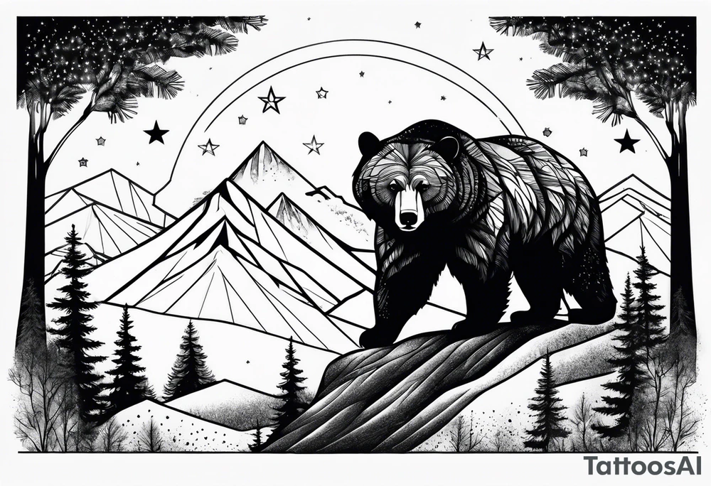 Mountains, travel, adventure, trees, bear, stars tattoo idea