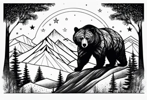 Mountains, travel, adventure, trees, bear, stars tattoo idea