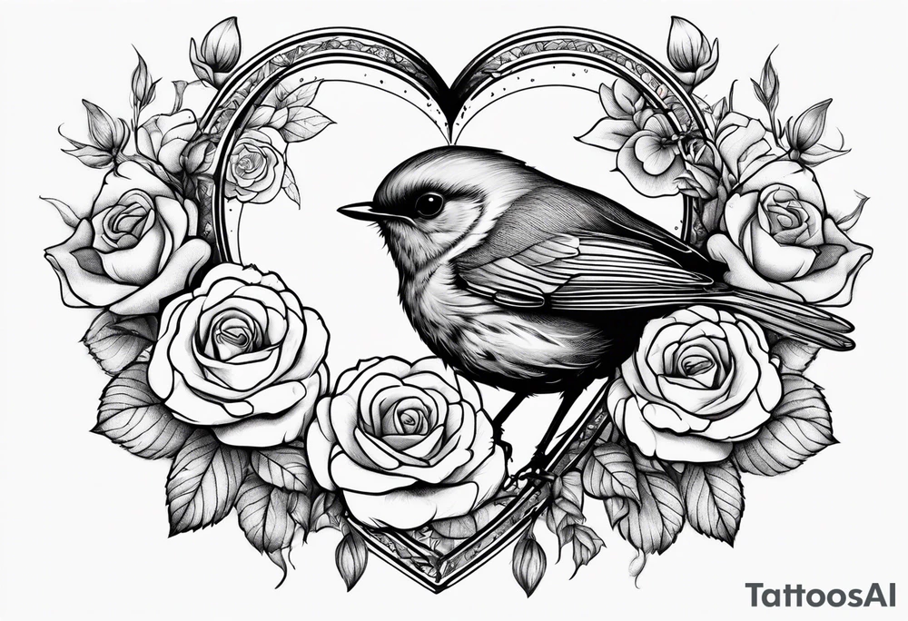 A real heart with a Robin inside surrounded by roses, likely of the valley and cosmos flowers tattoo idea