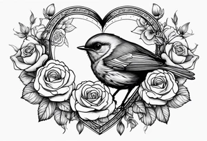 A real heart with a Robin inside surrounded by roses, likely of the valley and cosmos flowers tattoo idea