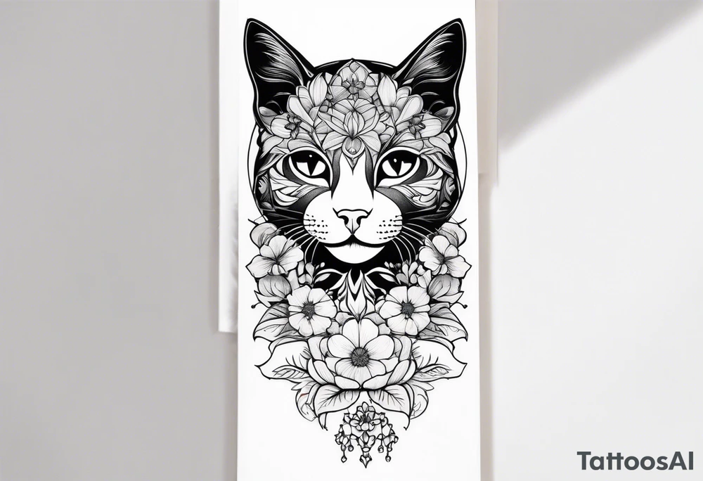 Art nouveau forearm tattoo of cat in flowers tattoo idea