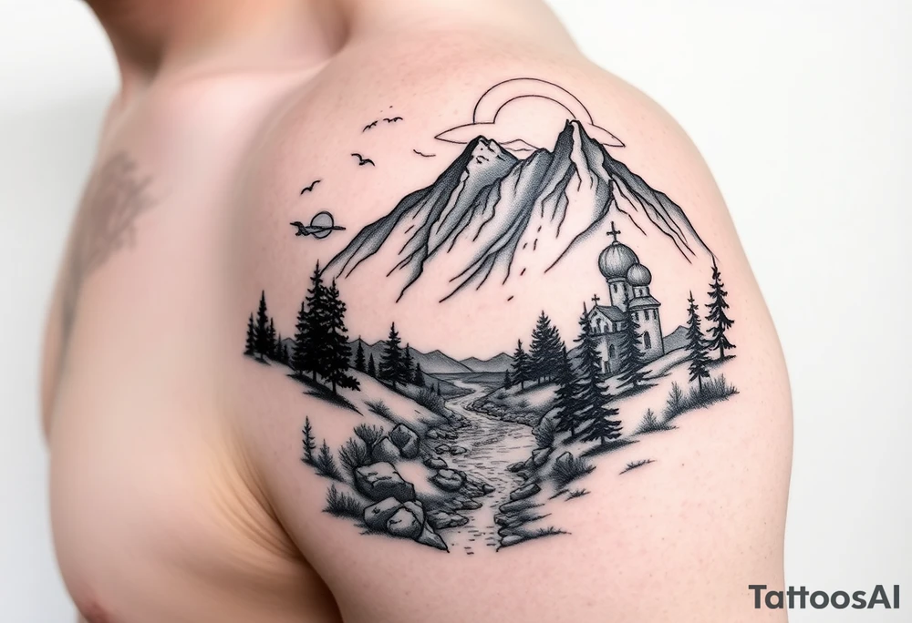 Mountainous valley with creek and a few trees with a Russian orthodox kazan scene covering my shoulder entering my upper arm tattoo idea