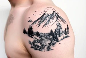 Mountainous valley with creek and a few trees with a Russian orthodox kazan scene covering my shoulder entering my upper arm tattoo idea