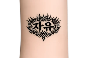 free written in korean with kpop demon hunters patterns, have it evoke the styling of korean writing and incorporate golden joinery less symetrical tattoo idea