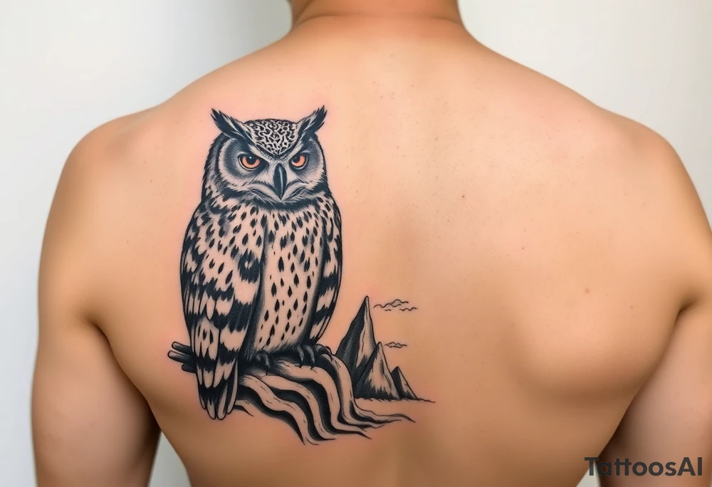 Masked owl overlooking a trench with waves in the background for the lateral part of the shoudler tattoo idea