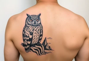 Masked owl overlooking a trench with waves in the background for the lateral part of the shoudler tattoo idea