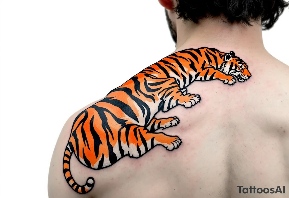 Matching couple orange and black tiger stripes wrapping around both upper arms tattoo idea