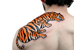 Matching couple orange and black tiger stripes wrapping around both upper arms tattoo idea