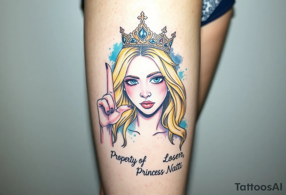 powerful blond findomme princess with crown on, making an “L” for loser with look of disgust on her face being pathetic with caption “Property of Princess Natti” tattoo idea