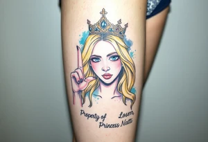 powerful blond findomme princess with crown on, making an “L” for loser with look of disgust on her face being pathetic with caption “Property of Princess Natti” tattoo idea