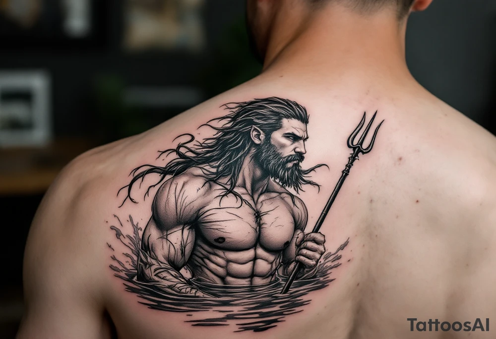 fit young poseidon, with trident, in calm water tattoo idea
